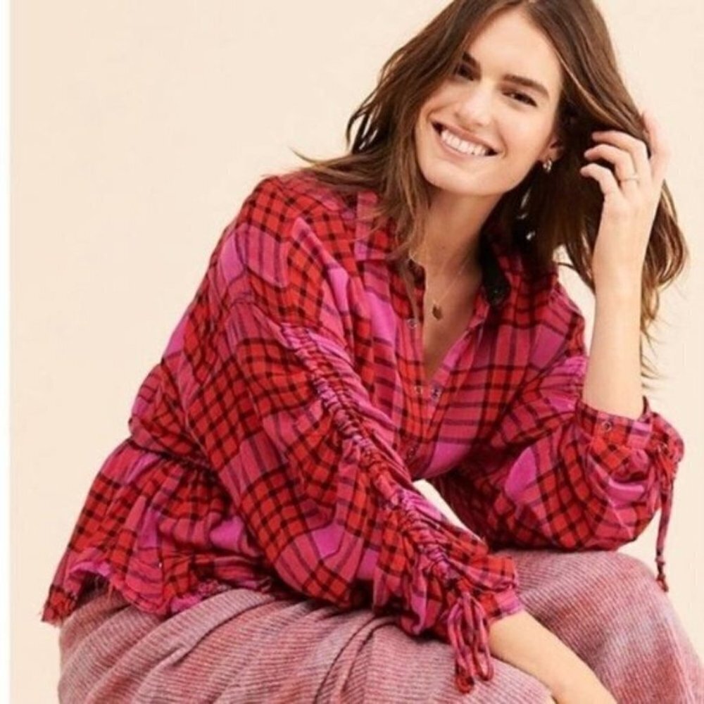 Free People Red Link Plaid Button Down Pep…